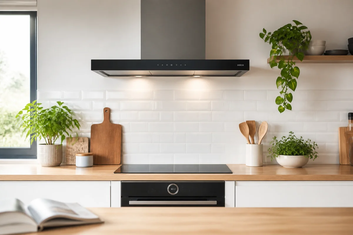 Hotte aspirante design installée au-dessus d'une plaque de cuisson dans une cuisine moderne et lumineuse.