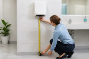 Mesure de la hauteur d’installation d’un sèche-mains Dyson mural dans des sanitaires professionnels modernes.