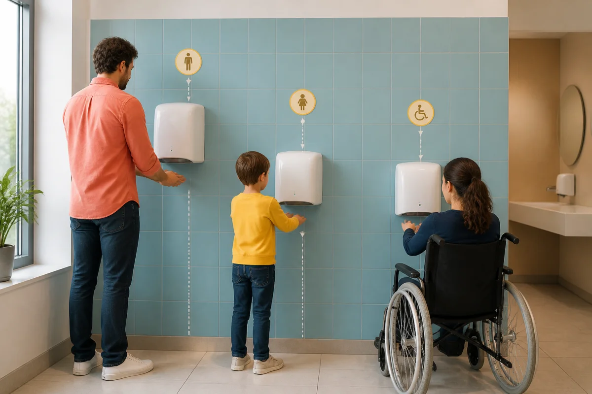 Hauteur d’installation d’un sèche-mains Dyson adaptée aux adultes, enfants et personnes à mobilité réduite