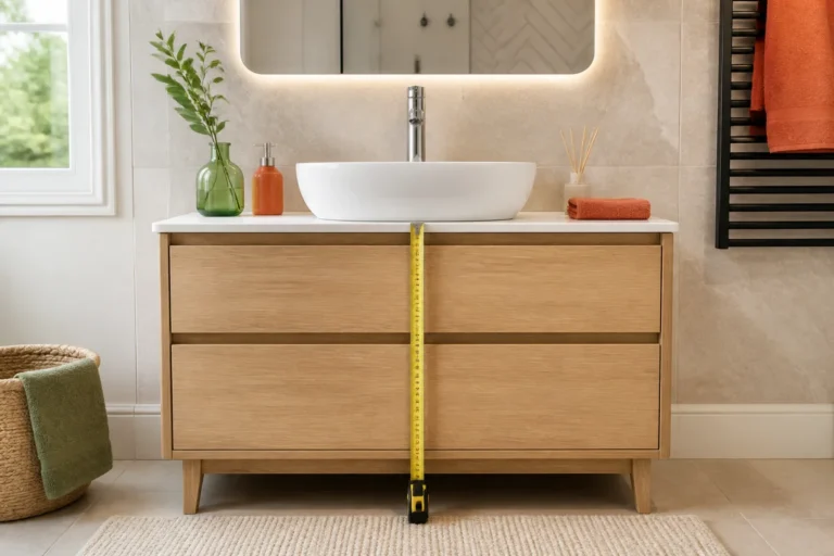 Vasque à poser mesurée à hauteur ergonomique sur un meuble de salle de bain contemporain lumineux