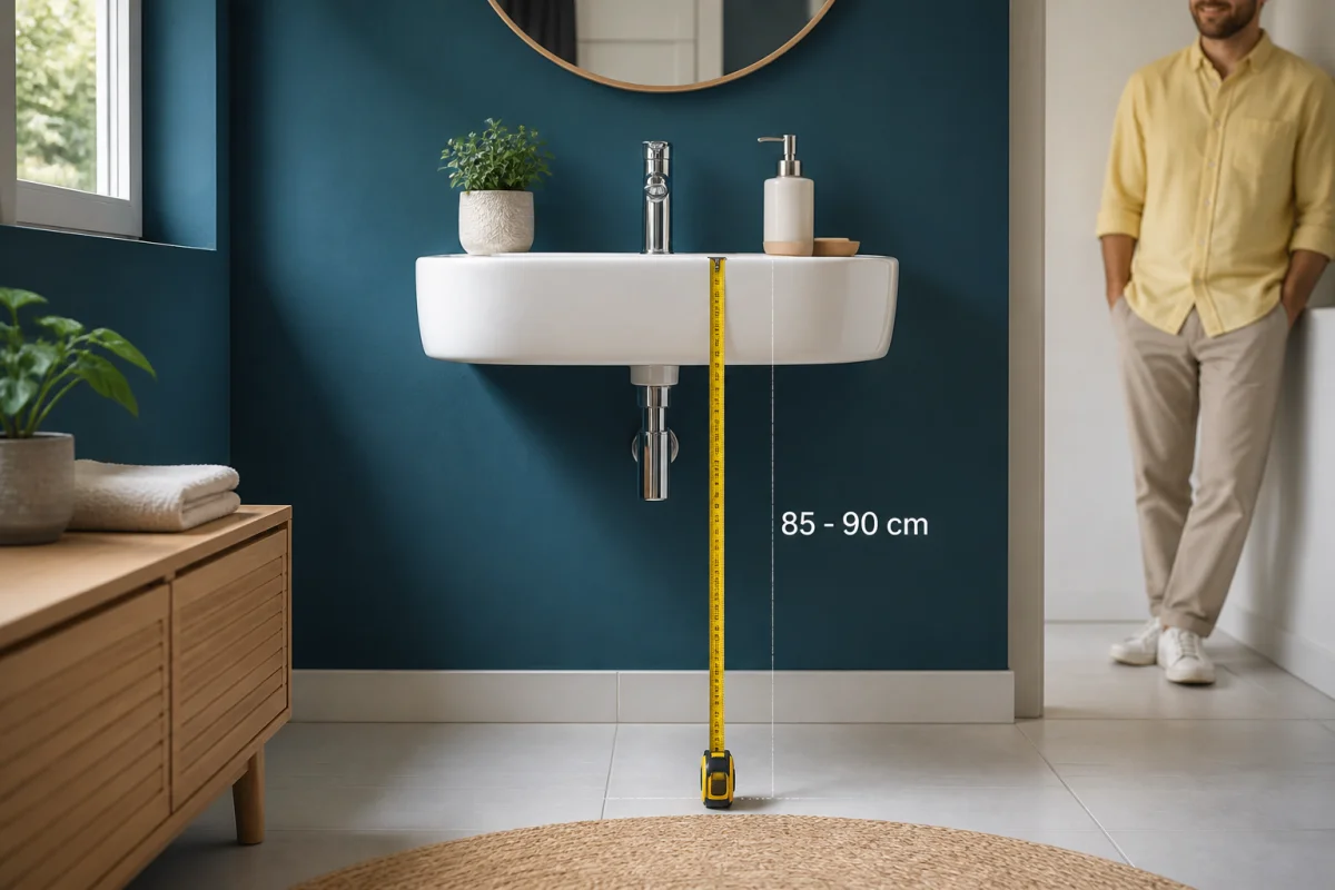 Lavabo suspendu moderne avec mètre indiquant une hauteur idéale de 85 à 90 cm dans une salle de bain lumineuse