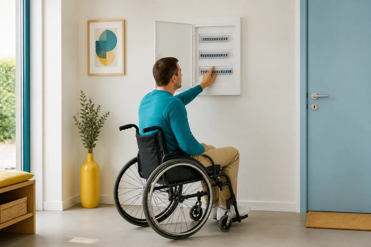 Personne en fauteuil roulant consultant un tableau électrique à hauteur accessible dans une entrée moderne dégagée