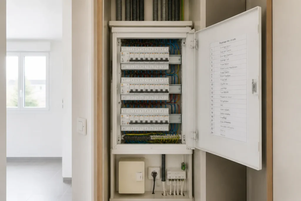 Tableau électrique installé à hauteur réglementaire dans une gaine technique de logement, avec disjoncteurs et conduits organisés