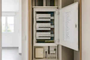 Tableau électrique installé à hauteur réglementaire dans une gaine technique de logement, avec disjoncteurs et conduits organisés