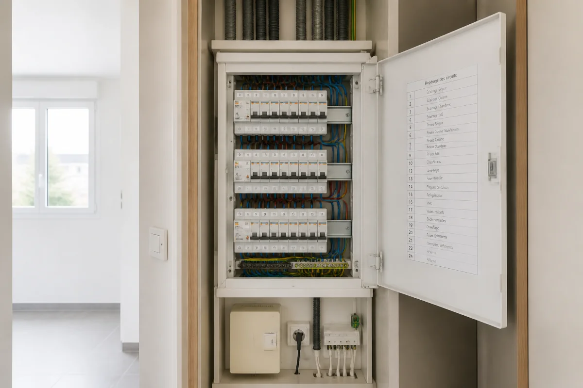 Tableau électrique installé à hauteur réglementaire dans une gaine technique de logement, avec disjoncteurs et conduits organisés