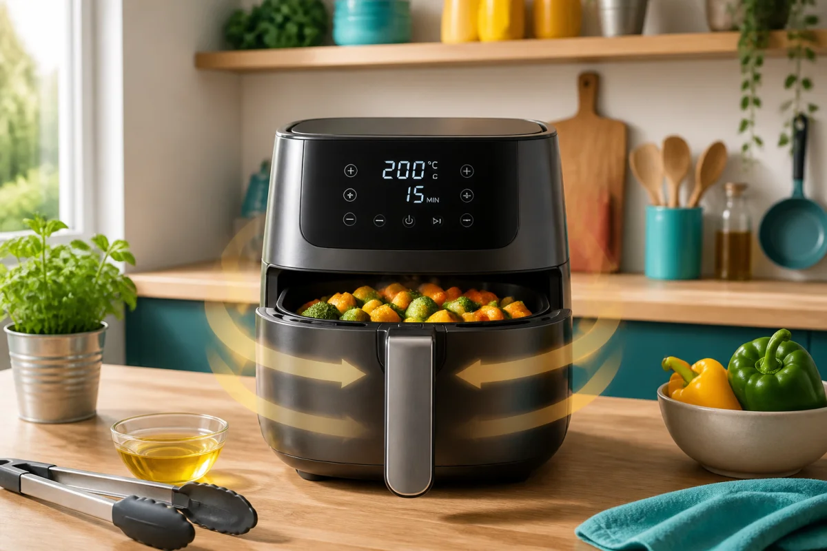 Airfryer moderne avec légumes rôtis, illustrant les avantages et inconvénients de la cuisson à air chaud