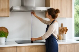 Personne mesurant avec précision la hauteur idéale entre une table de cuisson et une hotte de cuisine moderne.