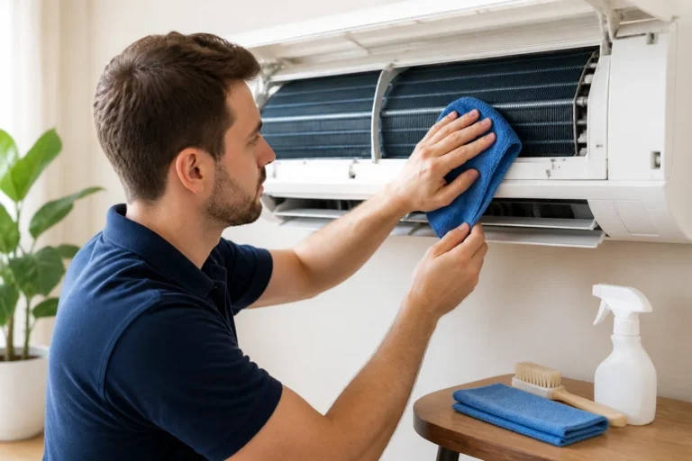 Personne nettoyant délicatement les ailettes d'une climatisation murale avec une microfibre pour illustrer comment nettoyer sa clim soi-même.