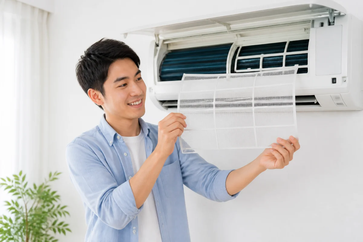 Personne souriante retirant le filtre d'une climatisation murale pour expliquer comment nettoyer sa clim soi-même efficacement.