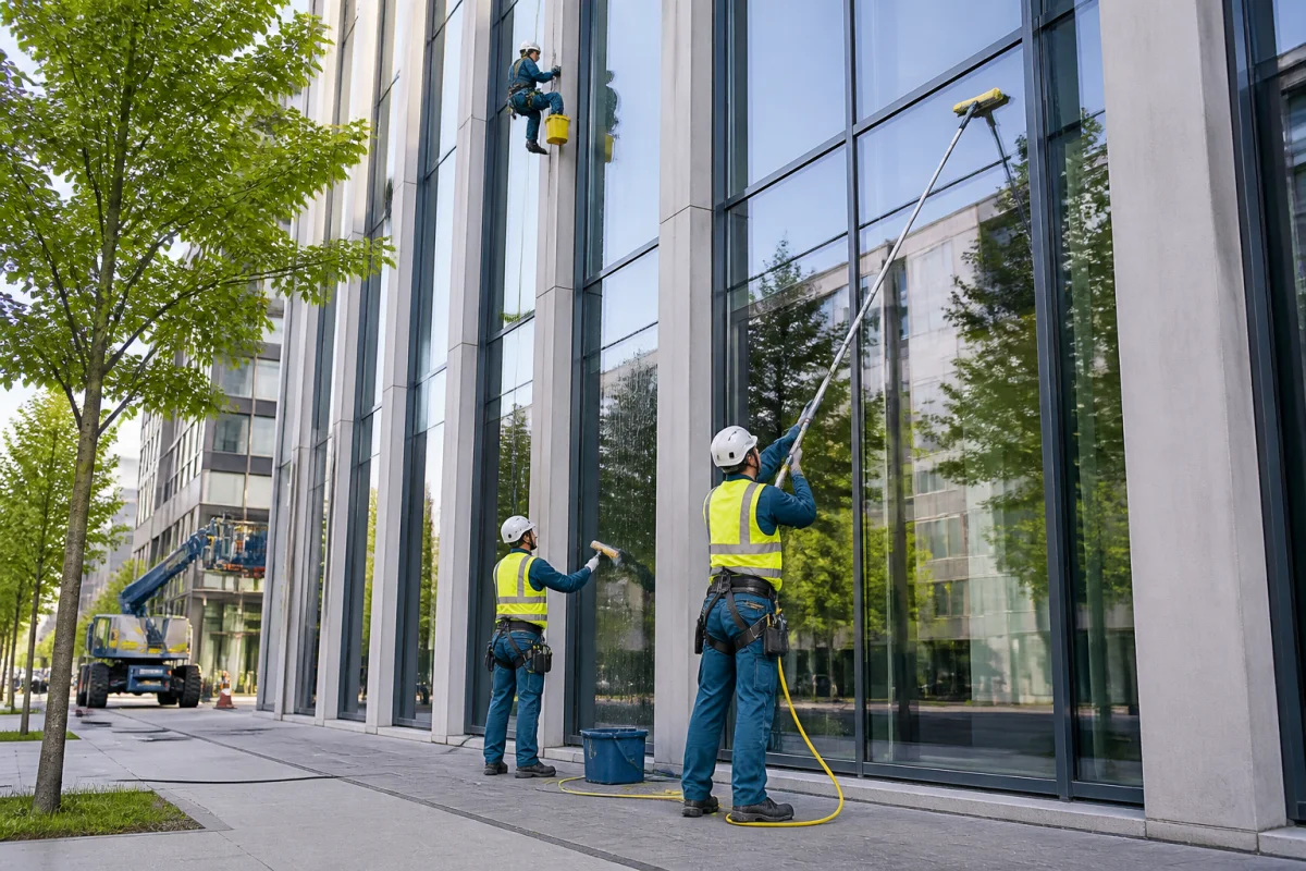 Techniciens nettoyant les vitres en grande hauteur d’un immeuble de bureaux à Lyon avec perche télescopique et cordes de sécurité