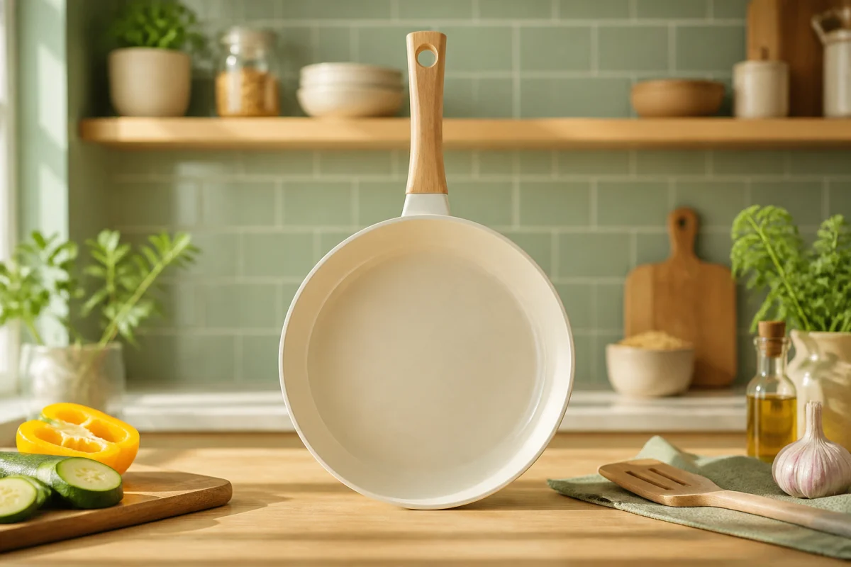 Poêle céramique moderne à surface intérieure claire dans une cuisine contemporaine, illustrant ses avantages et inconvénients