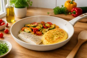 Poêle céramique avec légumes colorés, poisson et omelette dorée, illustrant ses avantages et inconvénients en cuisine saine