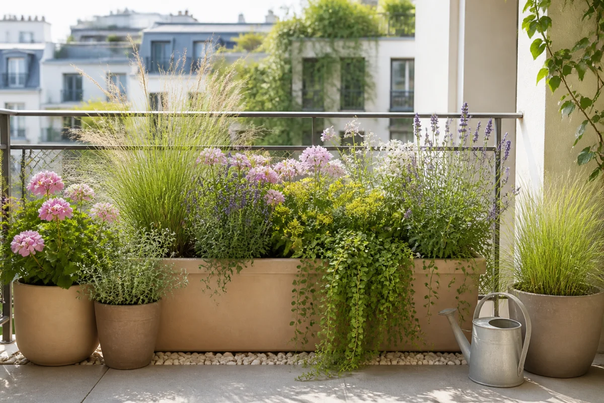 Balcon fleuri élégant avec jardinières durables de lavandes, graminées, géraniums vivaces et plantes retombantes