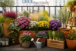 Balcon fleuri élégant avec asters, chrysanthèmes, graminées et jardinières durables aux couleurs variées