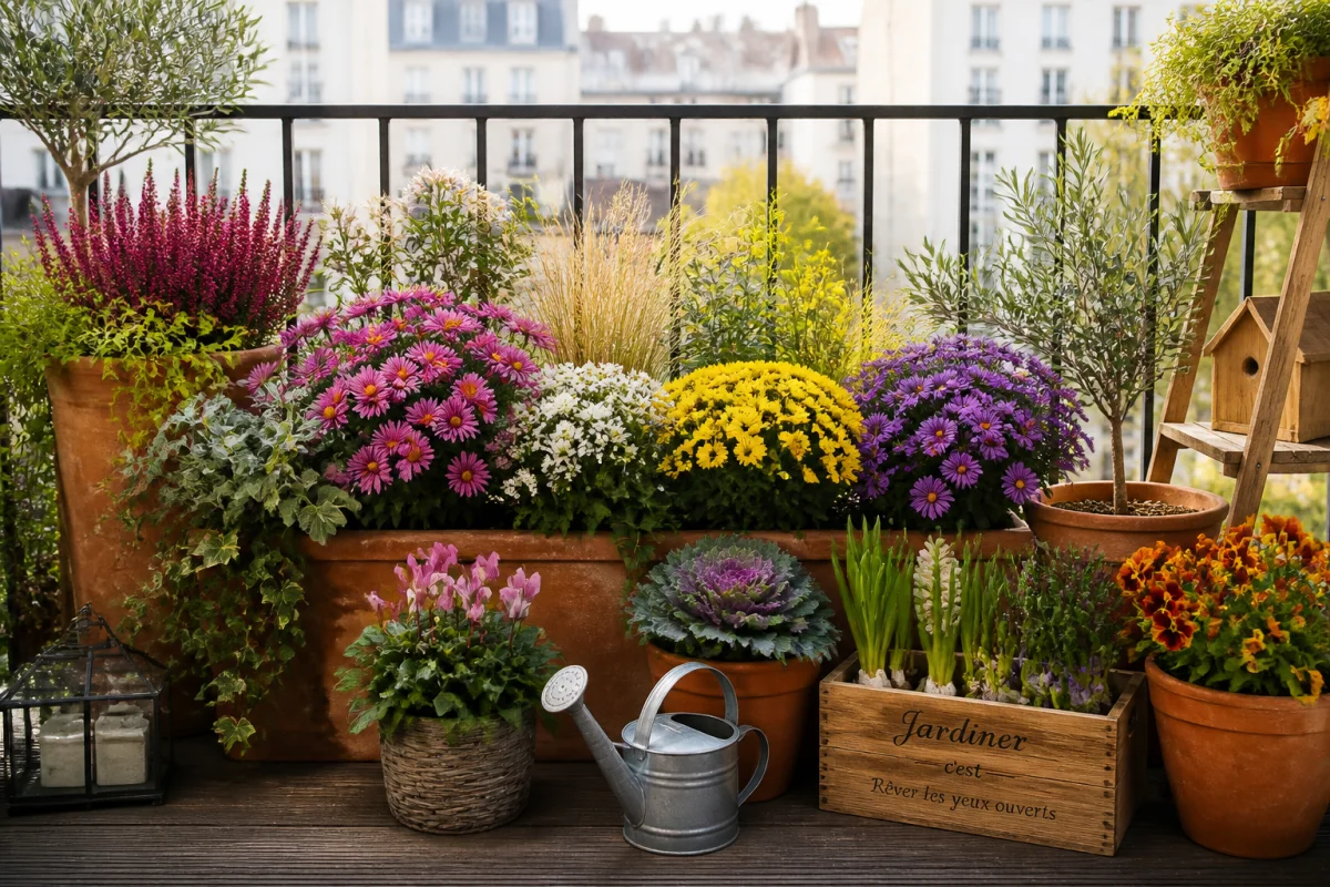Balcon fleuri élégant avec asters, chrysanthèmes, graminées et jardinières durables aux couleurs variées