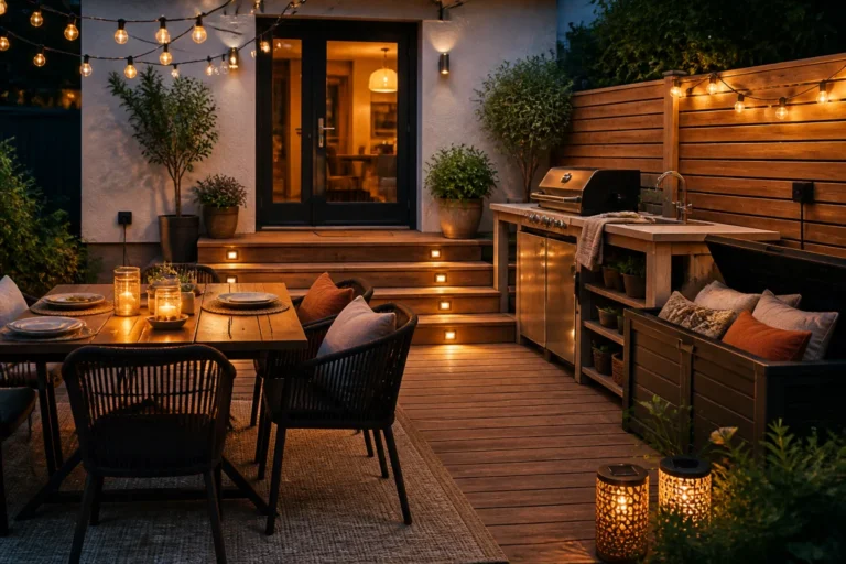 Terrasse extérieure aménagée avec table conviviale, éclairage chaleureux, cuisine extérieure et coffre de rangement pratique