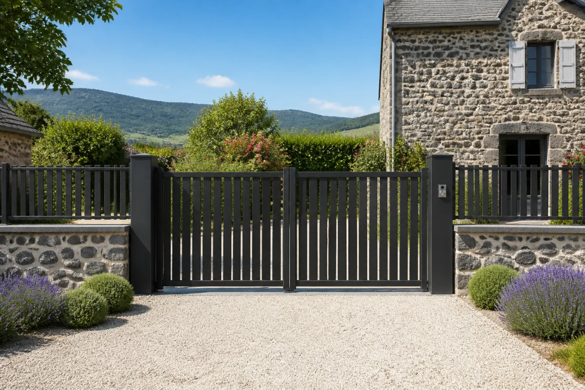 Portail contemporain noir et clôture élégante devant une maison auvergnate, accompagnés par Auvergne Innov