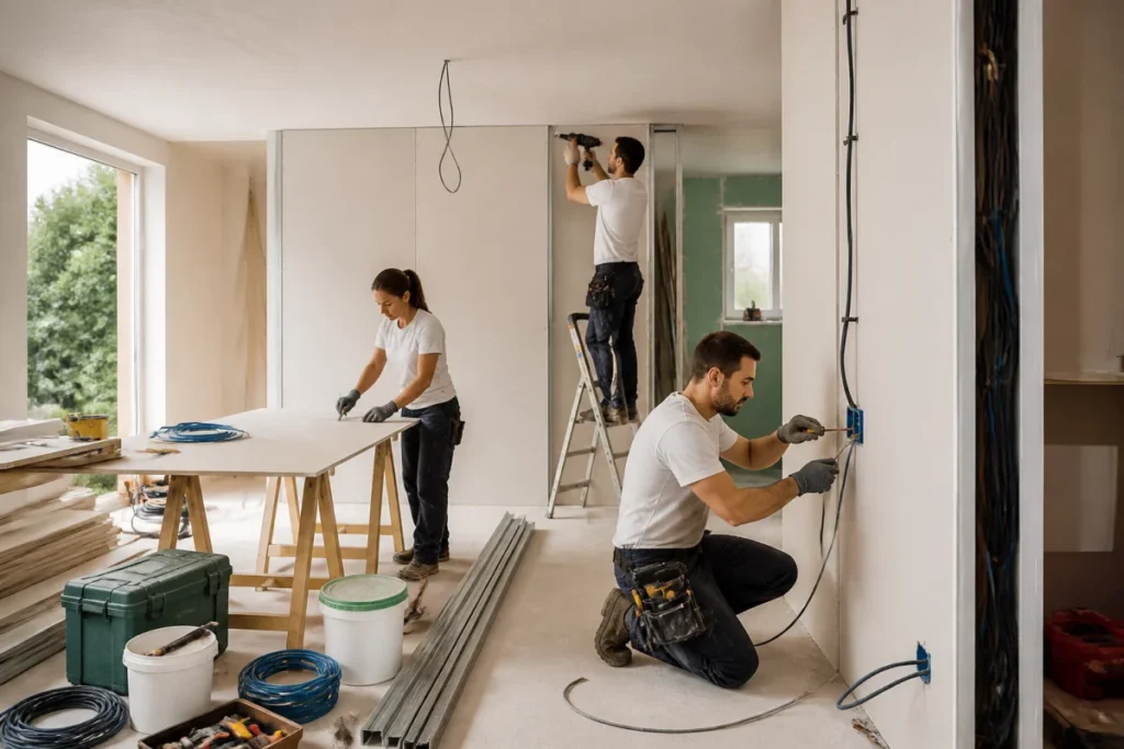 Bati Eco France, équipe de professionnels réalisant des travaux de second œuvre dans un intérieur en rénovation