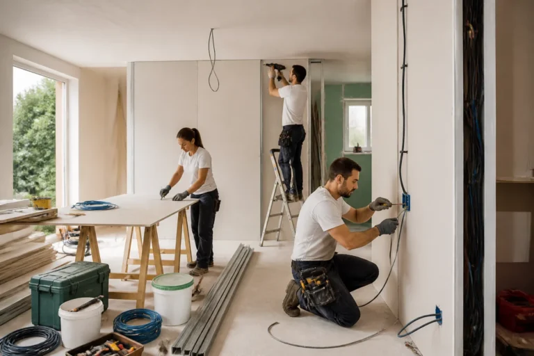 Bati Eco France, équipe de professionnels réalisant des travaux de second œuvre dans un intérieur en rénovation