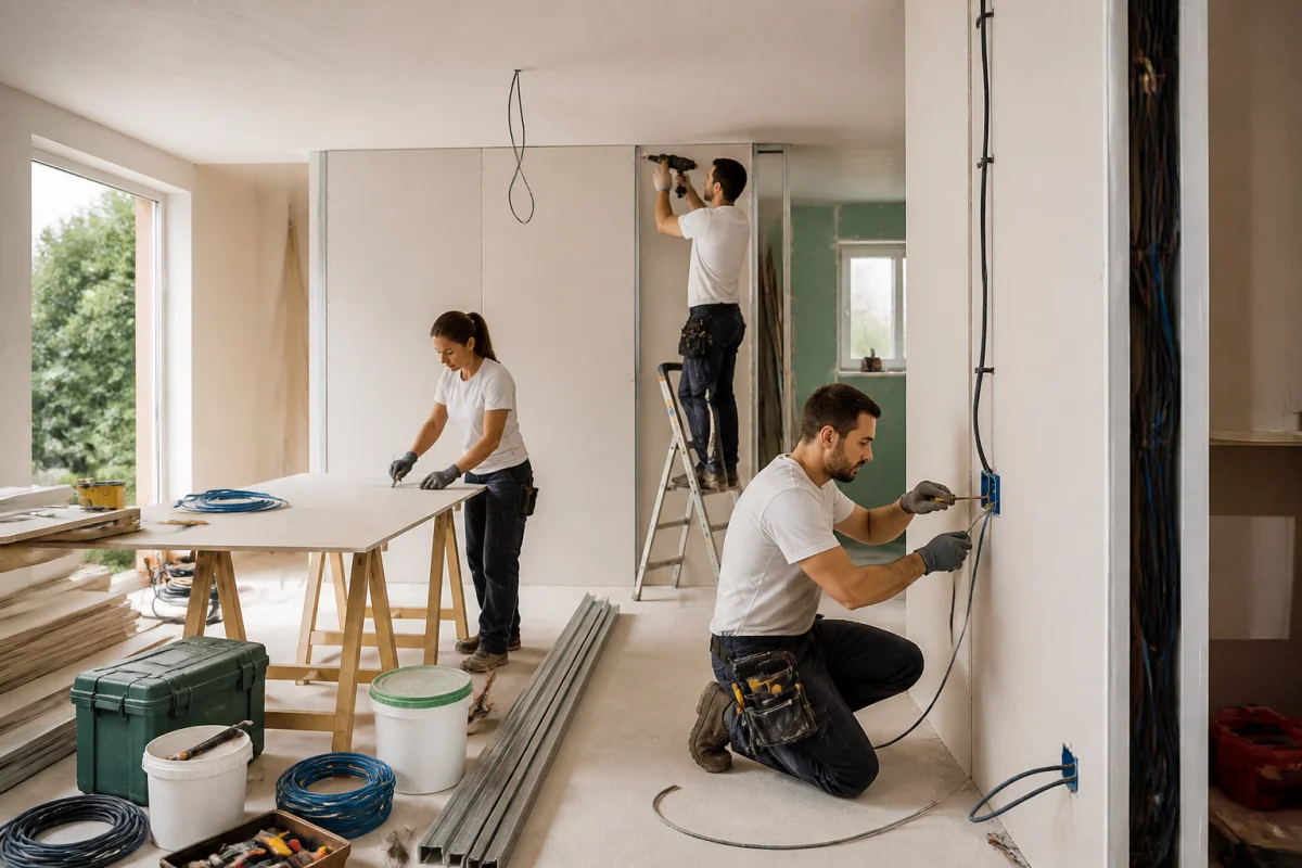 Bati Eco France, équipe de professionnels réalisant des travaux de second œuvre dans un intérieur en rénovation