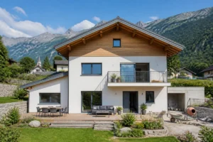 BC Renov 73 rénove une maison savoyarde contemporaine avec terrasse, façade isolée et montagnes alpines en arrière-plan