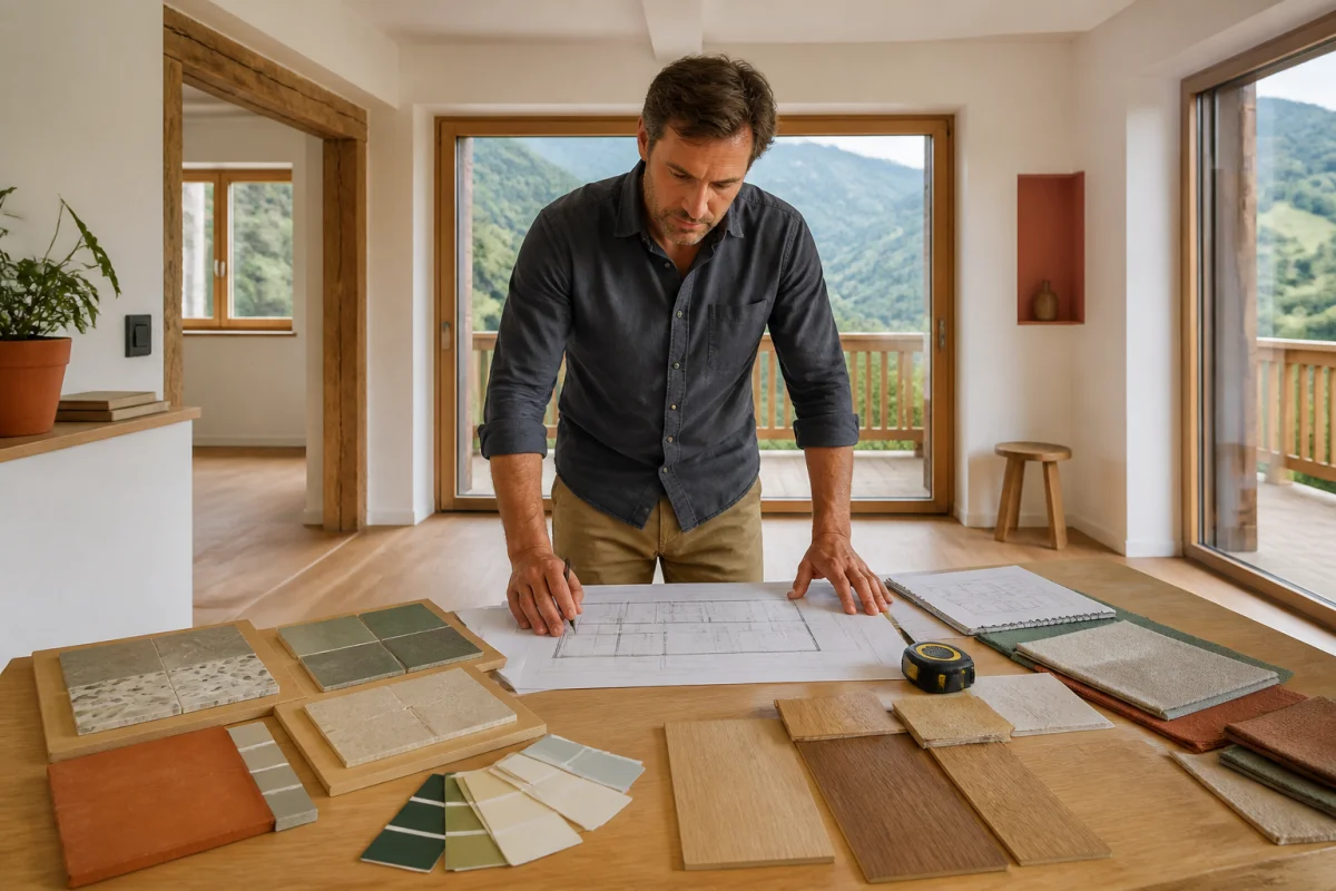 BC Renov 73, artisan examinant des plans de rénovation intérieure dans un appartement savoyard avec vue sur les montagnes