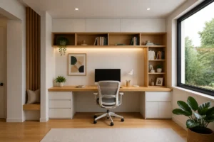 Bureau sur mesure intégré dans une pièce rénovée, avec plateau en bois, rangements fonctionnels et chaise ergonomique
