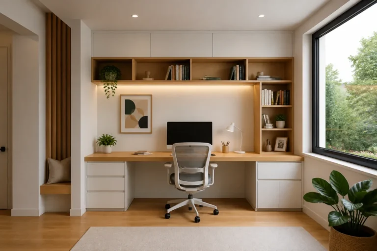 Bureau sur mesure intégré dans une pièce rénovée, avec plateau en bois, rangements fonctionnels et chaise ergonomique