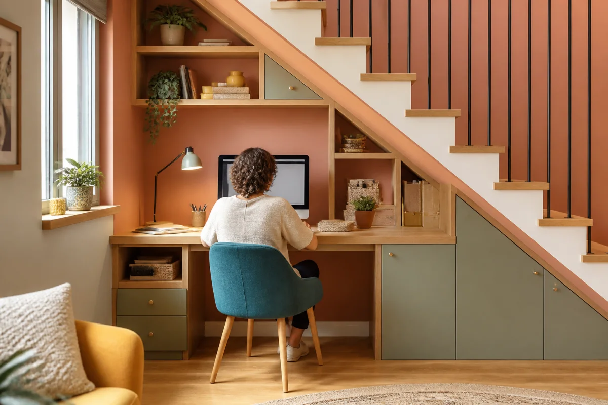 Bureau sur mesure intégré sous un escalier, avec plateau en bois clair, rangements optimisés et personne travaillant sur ordinateur