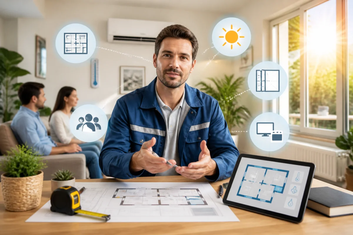 Professionnel expliquant comment calculer la puissance clim selon la surface, l’isolation, l’ensoleillement et les occupants.