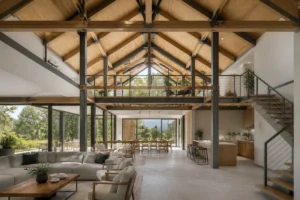 Charpente contemporaine en bois et métal dans une habitation moderne lumineuse aux poutres apparentes