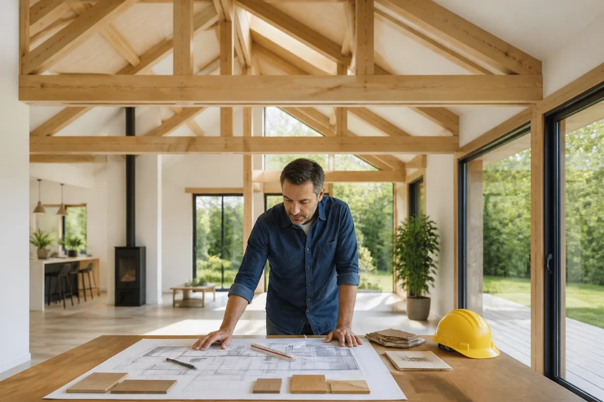 Charpente contemporaine en bois clair dans une maison moderne, avec propriétaire consultant des plans architecturaux près d’un jardin verdoyant
