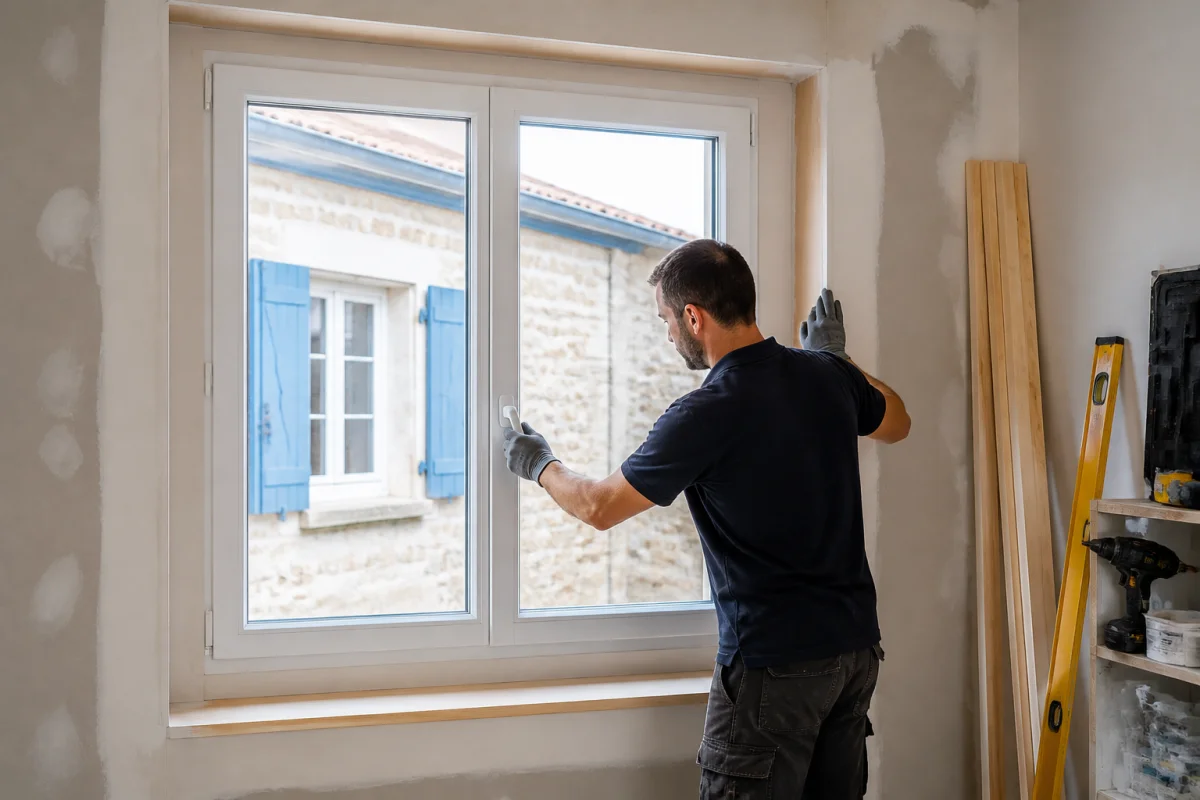 Artisan installant une fenêtre neuve et vérifiant son étanchéité dans une maison en rénovation热久久精品