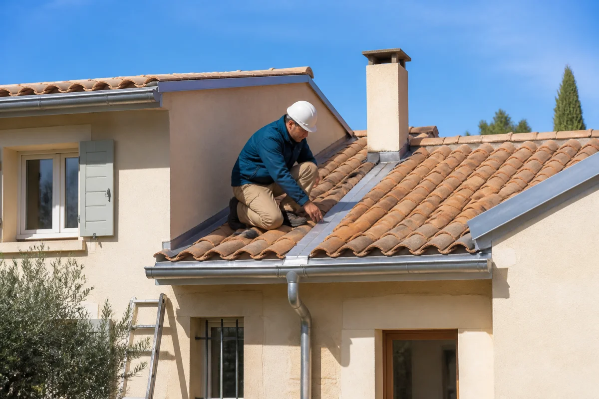 Couvreur inspectant une toiture en tuiles d’une maison provençale à Arles, avec gouttière et raccords de zinguerie visibles