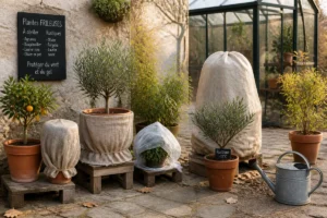 Plantes en pot protégées pour l’hiver sur une terrasse, certaines sous voile d’hivernage, près d’une serre lumineuse