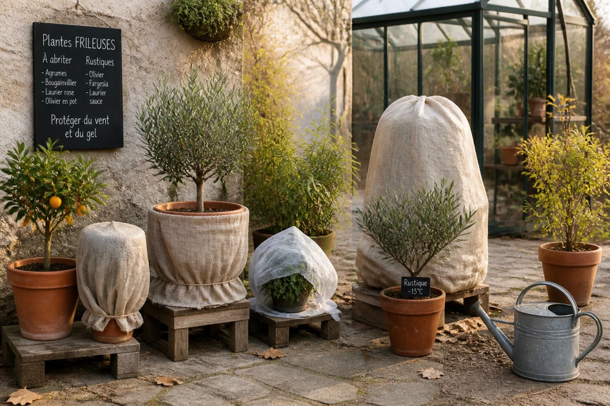 Plantes en pot protégées pour l’hiver sur une terrasse, certaines sous voile d’hivernage, près d’une serre lumineuse