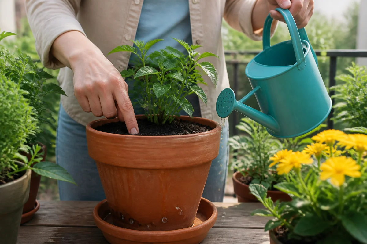 Vérification de l’humidité d’un pot avec un doigt et arrosage doux des plantes en pot dehors sur une terrasse verdoyante