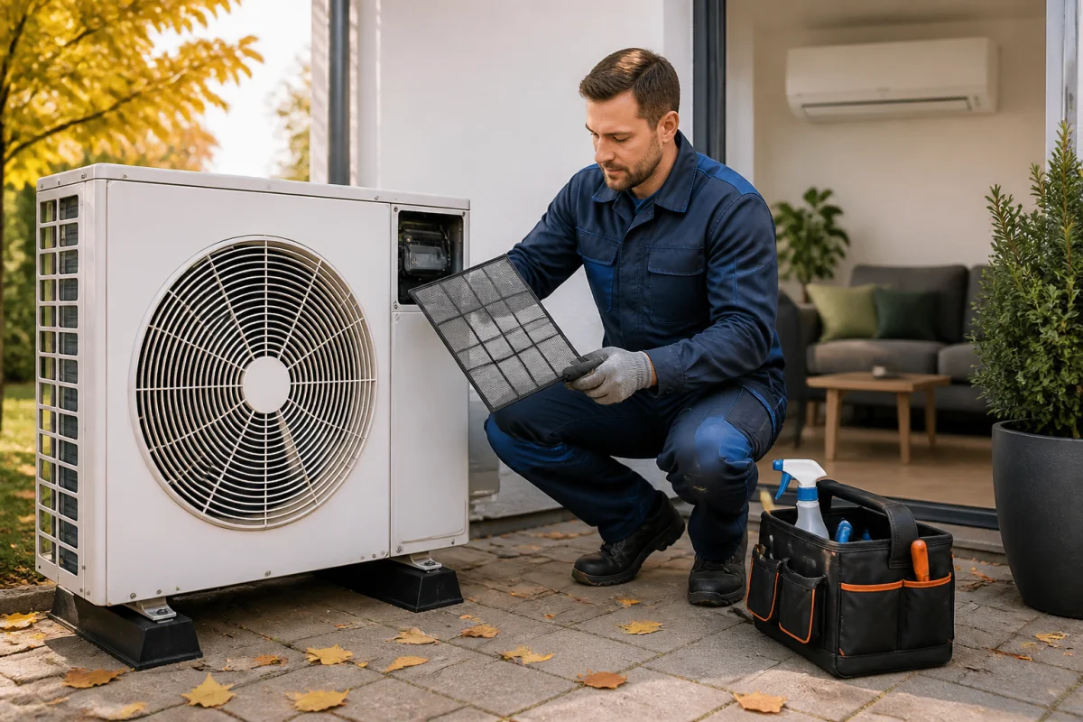 Technicien nettoyant les filtres d’une pompe à chaleur avant l’hiver, avec unité extérieure dégagée sur une terrasse automnale