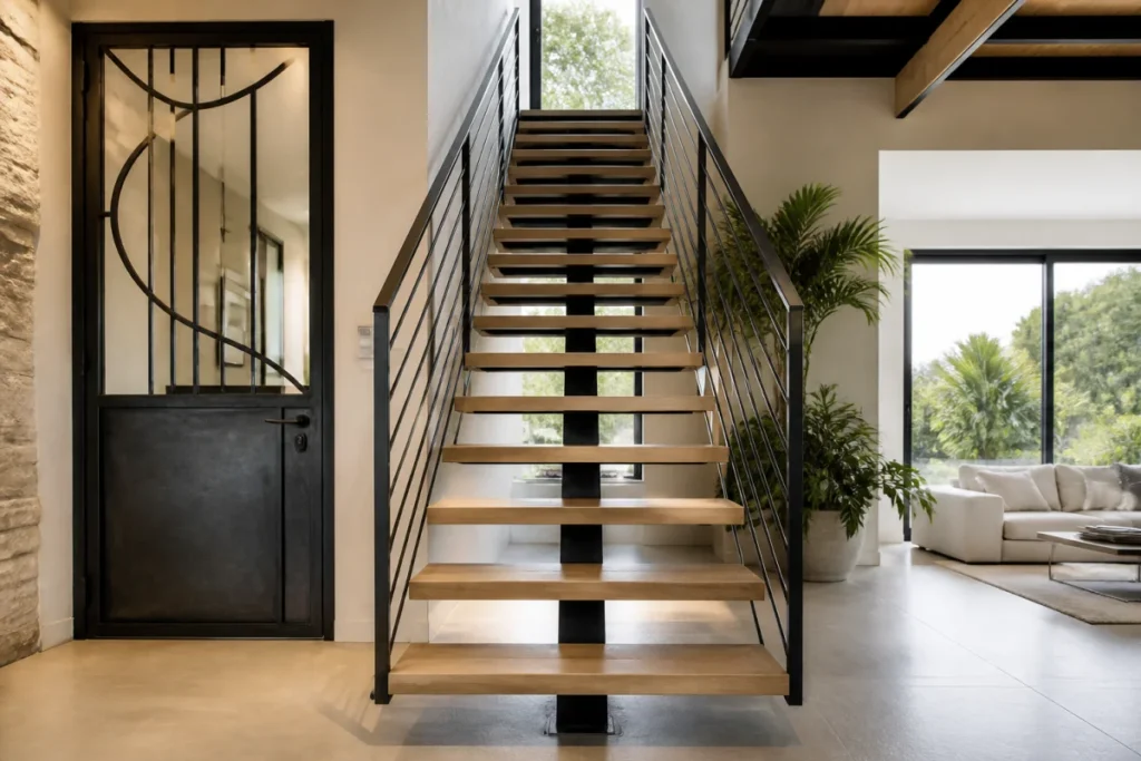 Ermes 31 réalise un escalier métallique sur mesure avec garde-corps et porte en ferronnerie artisanale