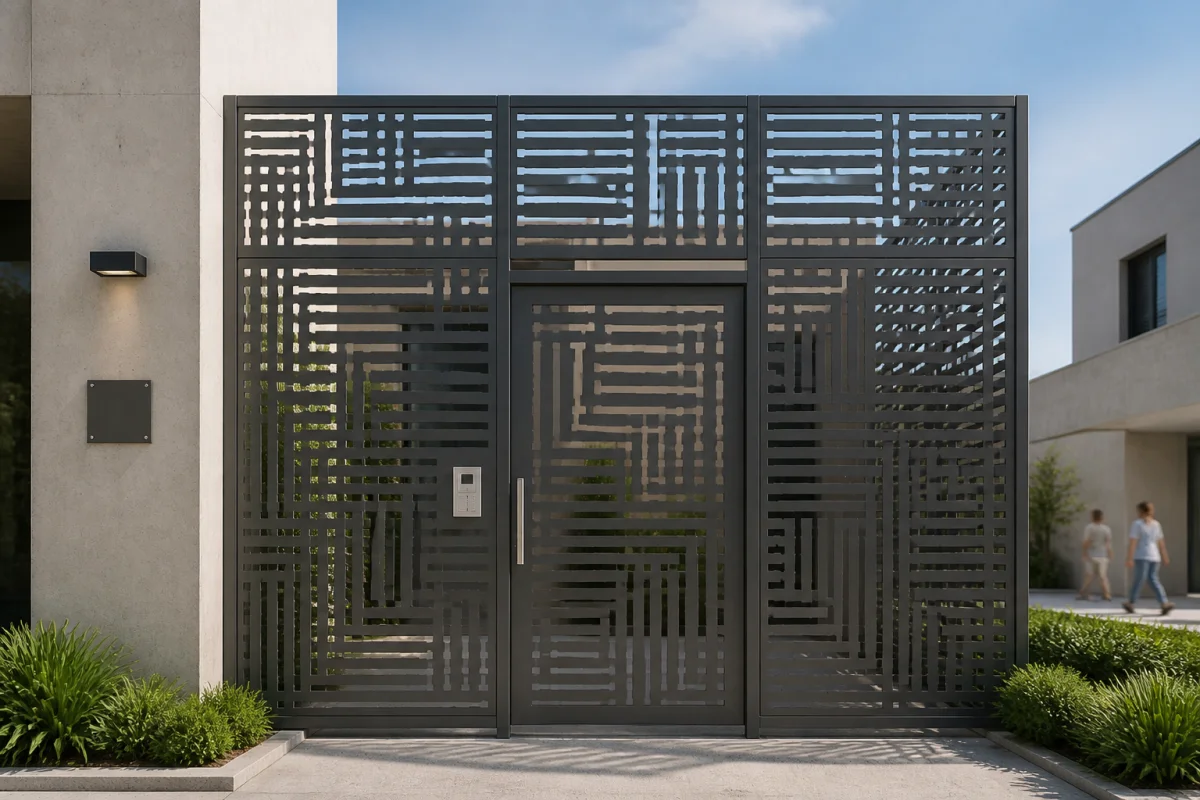 Façade métallique contemporaine sur mesure par Ermes 31, avec panneaux géométriques perforés à l’entrée d’un bâtiment moderne