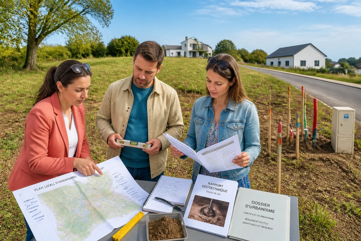 Futurs propriétaires et conseillère analysant une parcelle constructible, plans d’urbanisme et rapport géotechnique pour construire une maison individuelle