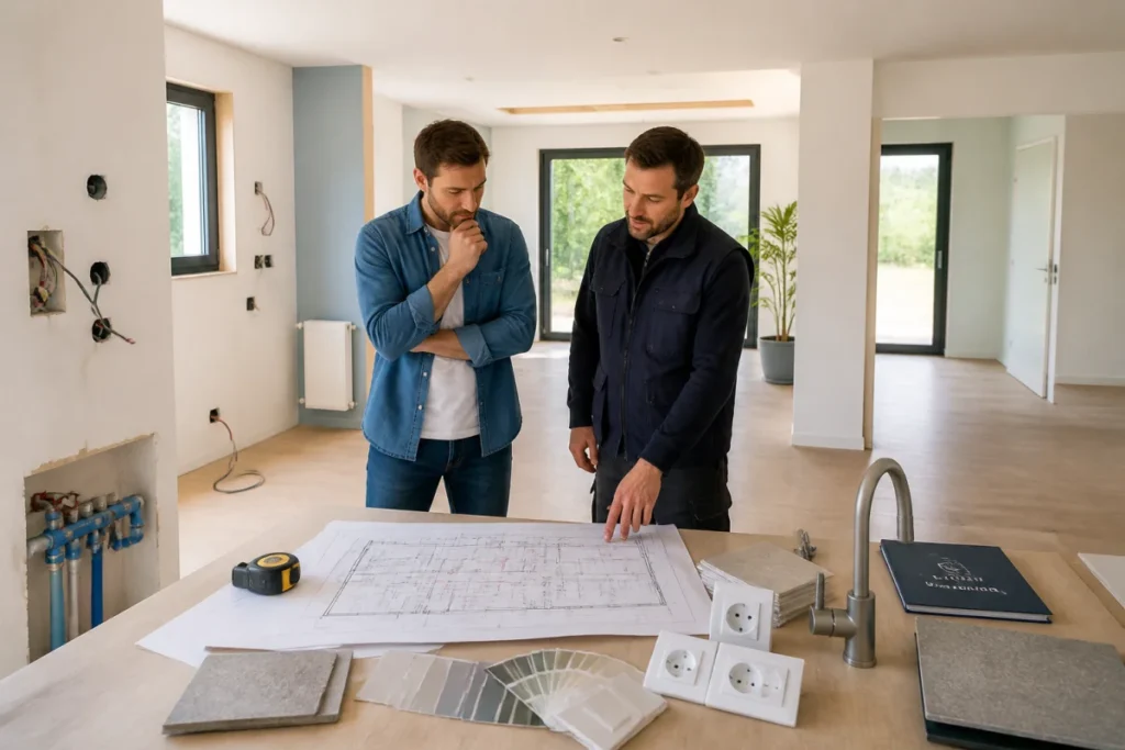Propriétaire et chef de chantier vérifiant les plans, prises, arrivées d’eau et menuiseries d’une maison individuelle en construction