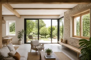 Fenêtres en bois, aluminium et PVC dans un séjour rénové, illustrant comment choisir des fenêtres performantes pour rénover sa maison