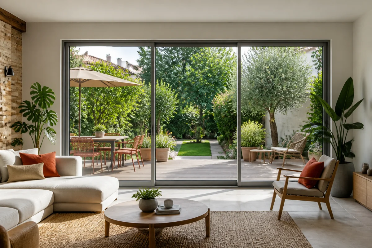 Baie vitrée aluminium aux profils fins dans une maison rénovée, ouverte sur une terrasse végétalisée et un jardin lumineux
