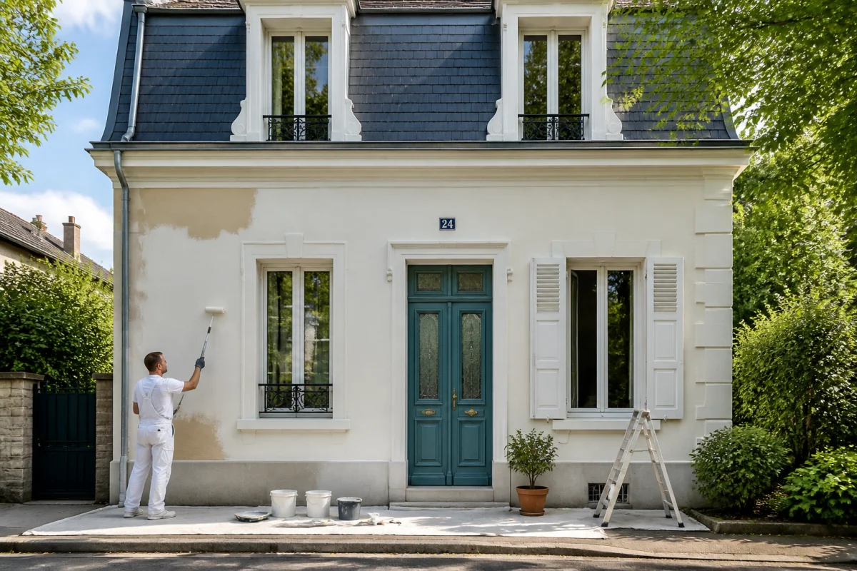 Galop Ravalement rénove une façade résidentielle avec soin, préparation du mur, peinture et détails architecturaux préservés
