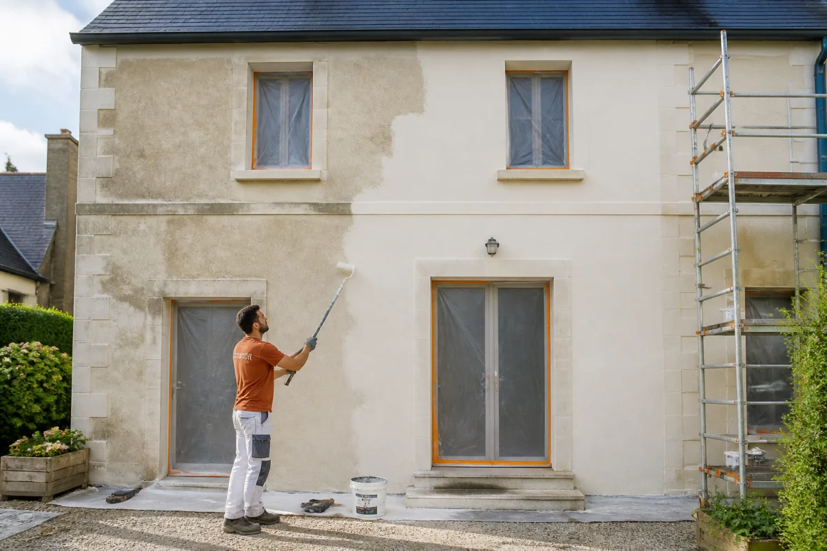 Galop Ravalement, artisan préparant la façade d’une maison avant finition, avec échafaudage et outils de rénovation