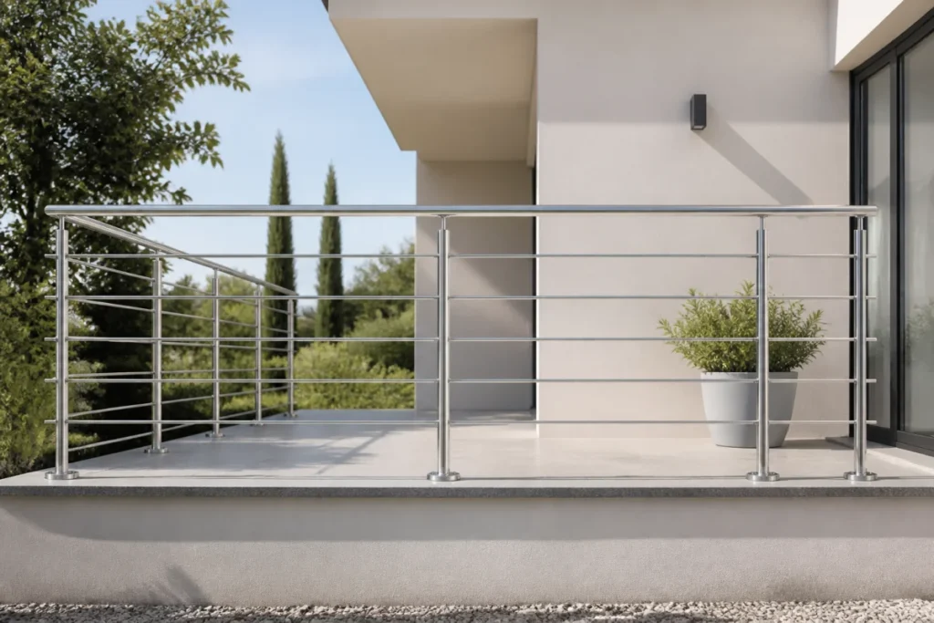 Garde-corps en acier inoxydable durable au design moderne, installé sur une terrasse contemporaine lumineuse