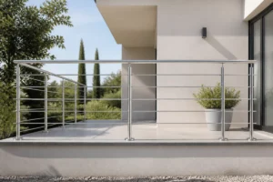 Garde-corps en acier inoxydable durable au design moderne, installé sur une terrasse contemporaine lumineuse