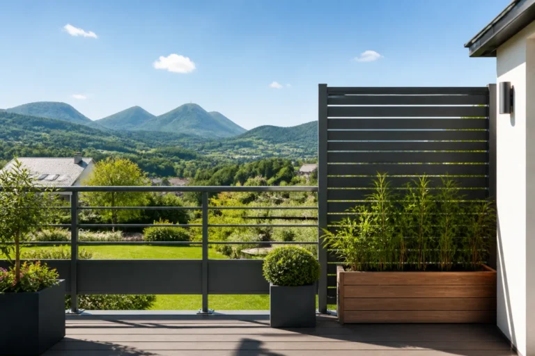 Garde-corps contemporain et brise-vue élégant sur une terrasse en Auvergne, avec collines volcaniques verdoyantes en arrière-plan