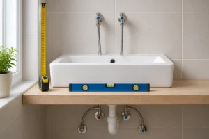 Hauteur d’installation d’un robinet de salle de bain vérifiée avec mètre ruban et niveau à bulle sur lavabo moderne